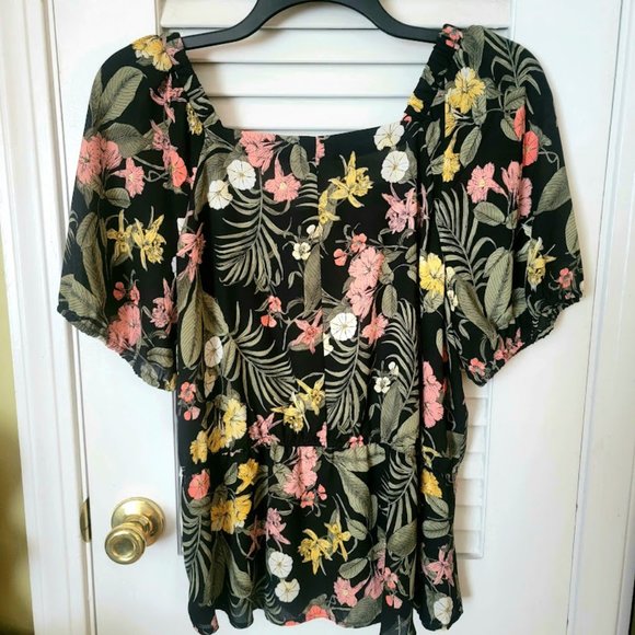 NEW Liz Claiborne Black Floral Square Neck Peplum Top Petite PXXL - Picture 2 of 6
